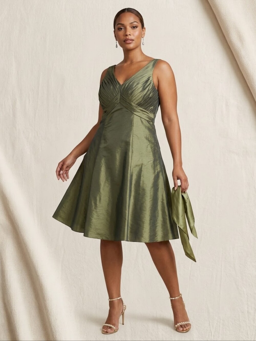 JS Boutique Olive Green V-Neck Pleated Fit & Flare Cocktail Dress Size 12